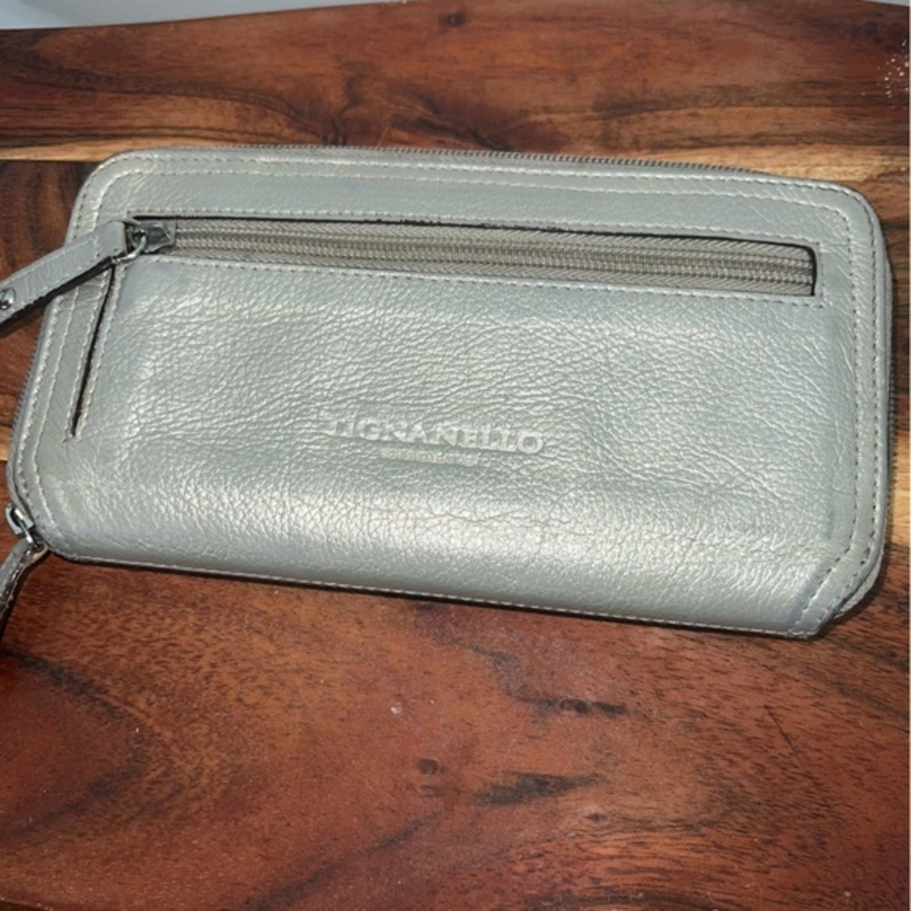Tignanello Gray Pebbled Leather Zip Around Wallet Zip Coin Compartment